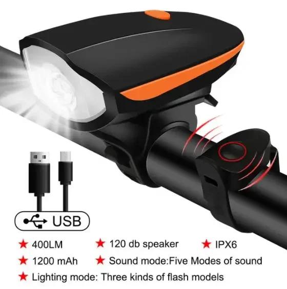 Bicycle Front Light with Bike Horn USB Rechargeable Bike Front Lamp Electronic Bell Cycling Flashlight Lantern MTB Accessories