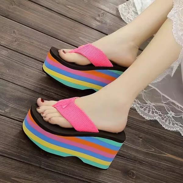 Fashion Beach Shoes Ladies' Slippers On A Wedge Women Heels Multicolored Sandals Gingham Rubber Flip Flops Luxury Slides Sabot High Flat