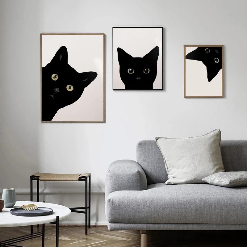 Modren Poster with Animals, Black Cat, Charming Cat, Canvas, Painting, Wall Art Decoration, Drawing Room, Home Decor, Wall Decoration