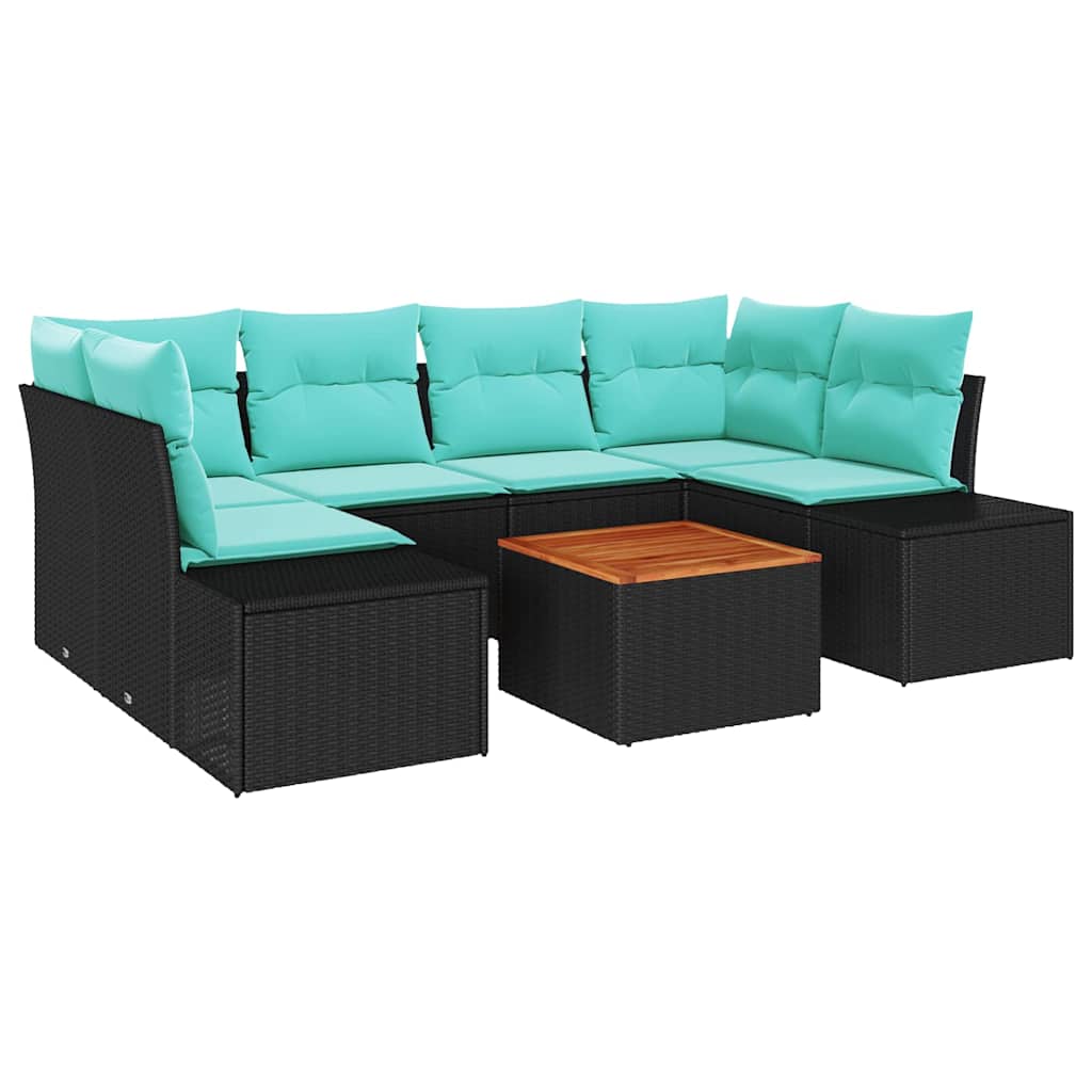 Garden Sofa Set 7 Pieces Black and Turquoise Poly Rattan