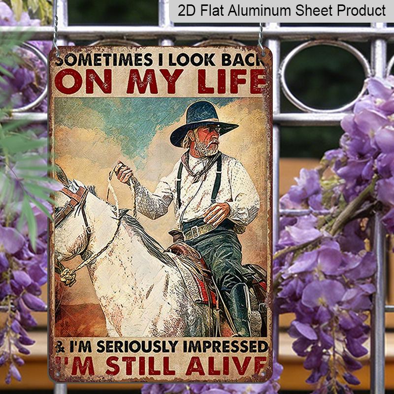 2D Flat, 1pc 7.87*11.8 Vintage Old West Denim Aluminum Sign | Rustic Wall Decor with Cowboy Riding Horse Design, Perfect for Western Lovers, Ranch
