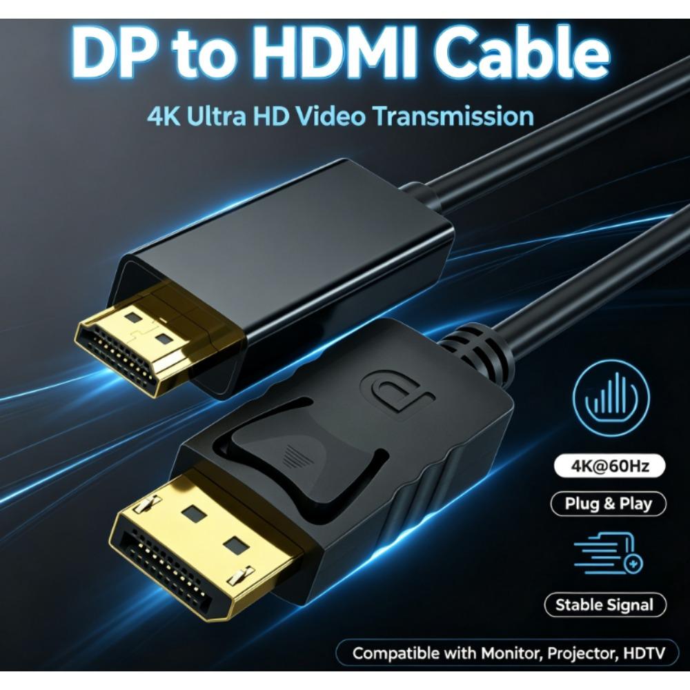 DisplayPort to HDMI Adapter Cable (4K, 1.8m) – High-Definition PC Monitor Connection Cable (Full-size DP to HDMI)
