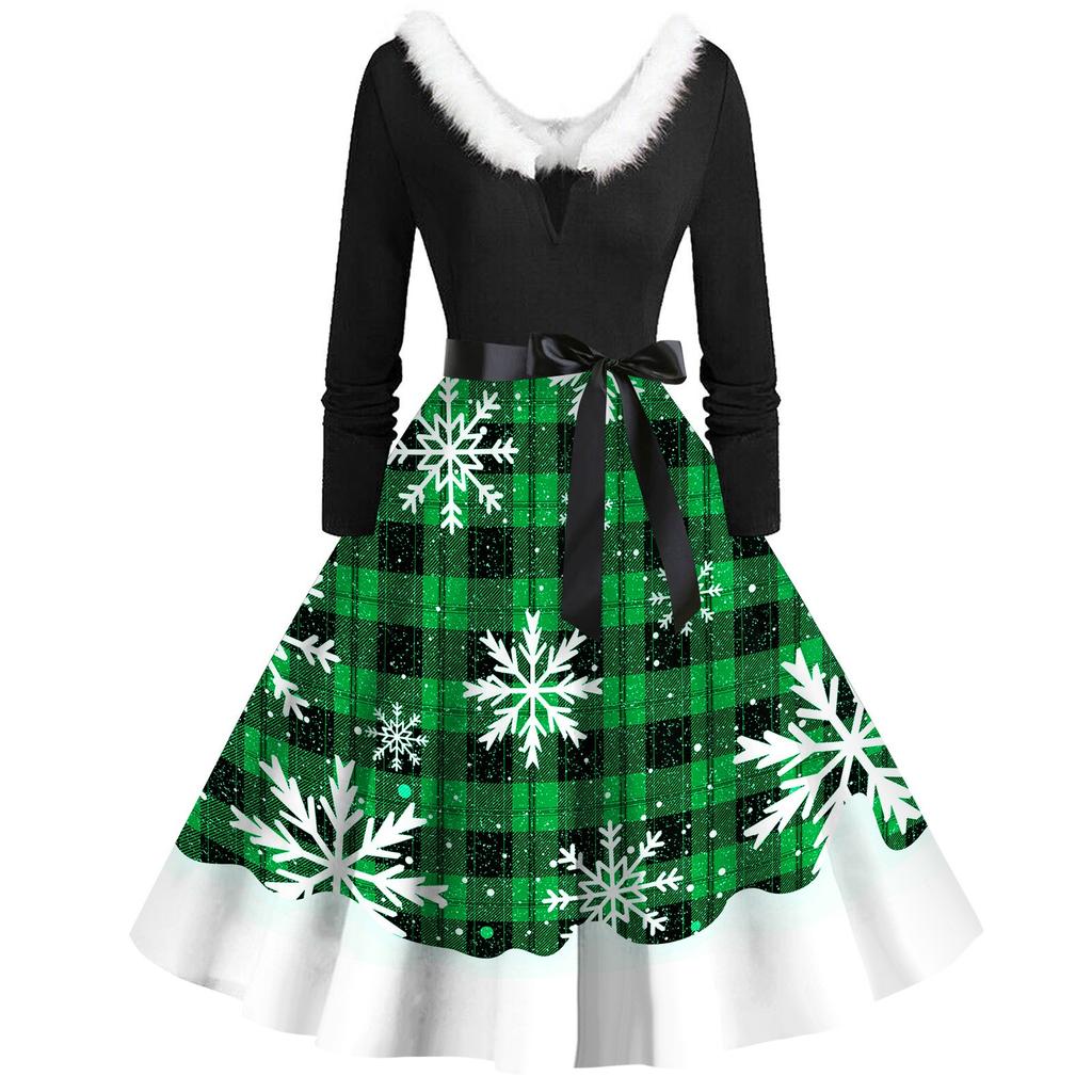 Женское повседневное и модное платье с длинными рукавами и V-образным вырезом с рождественским принтом на молнии
