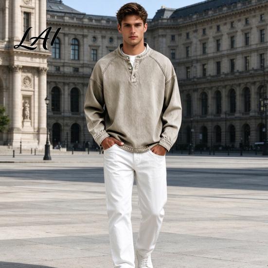Daily Errands Clothing Vintage Long Sleeve Men Tops Distressed Shirt Tops with V-Neck Easy Care Apparel Loose Fit Casual Fall Pullover for Everyday