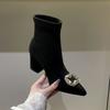 Pointed Suede Autumn and Winter New Fashion High-heeled Short Boots Women's Rhinestone Square Buckle Low Tube Fashion Boots Solid Color Thin Boots
