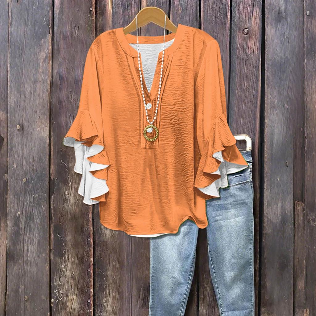 Women's Fashion Casual Button V-Neck Seven Sleeve Vintage Solid Color Shirt Top