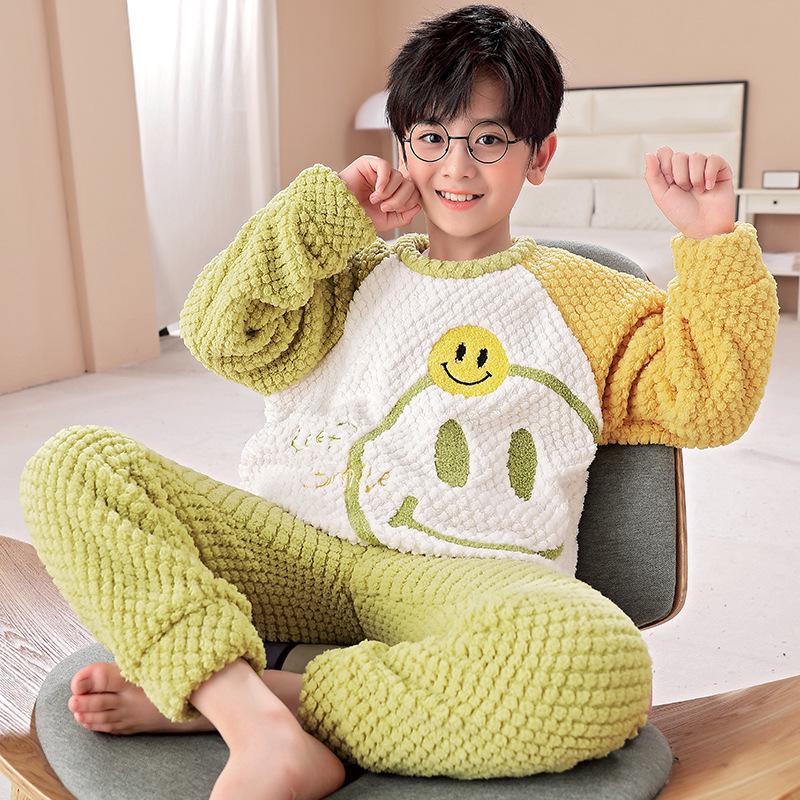 Фланелевая пижама с рисунком для мальчиков - длинный рукав, круглый вырез, коралловый флис, осень/зима