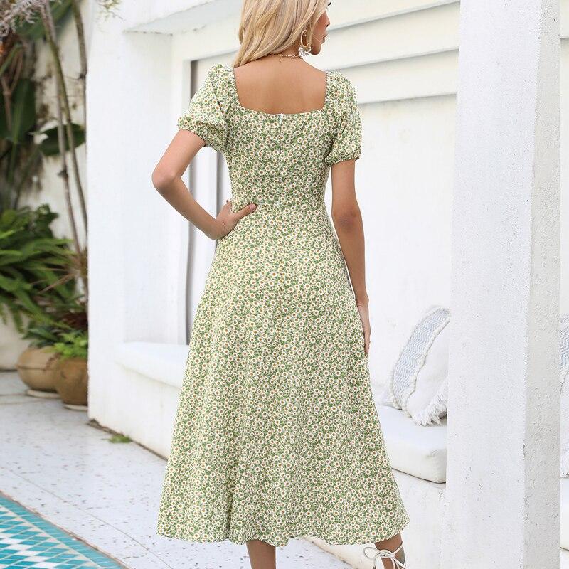 Повседневное платье с цветочным принтом и высокой талией, летнее сексуальное платье А-силуэта с коротким рукавом и разрезом, вечернее платье для женщин 2023 года, модные платья 25280