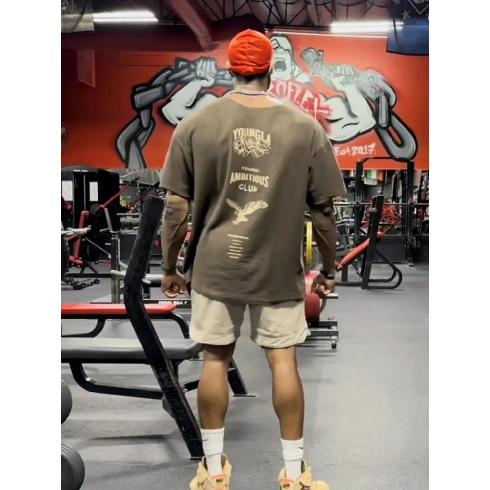 Футболка 2024 года, ретро, спортивная, с коротким рукавом, 2024 года, мужская, для фитнеса, свободная футболка, свободные мужские, хлопковая одежда, футболки, уличная одежда