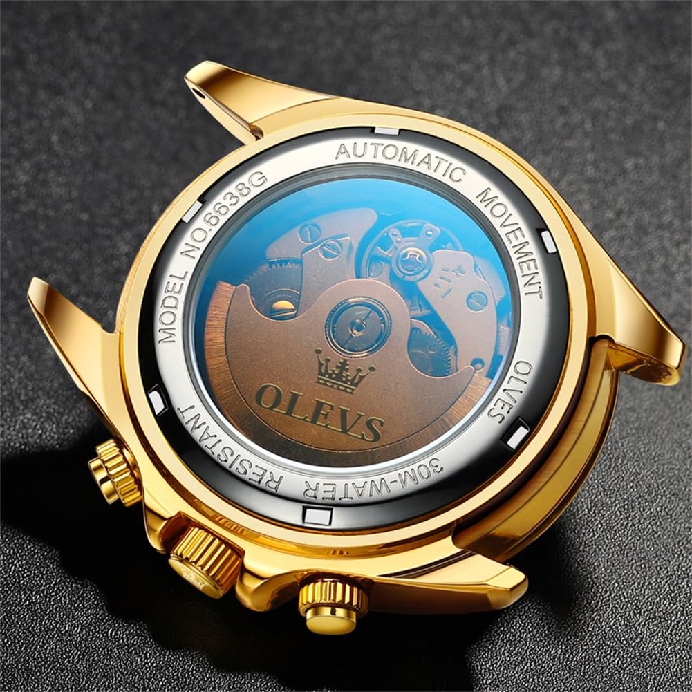 Часы OLEVS, золотые механические наручные часы, популярные часы с автоматическим заводом, золотой ремень, водонепроницаемость 3 АТМ, светящийся календарь, дата, скелетон, мода, роскошь
