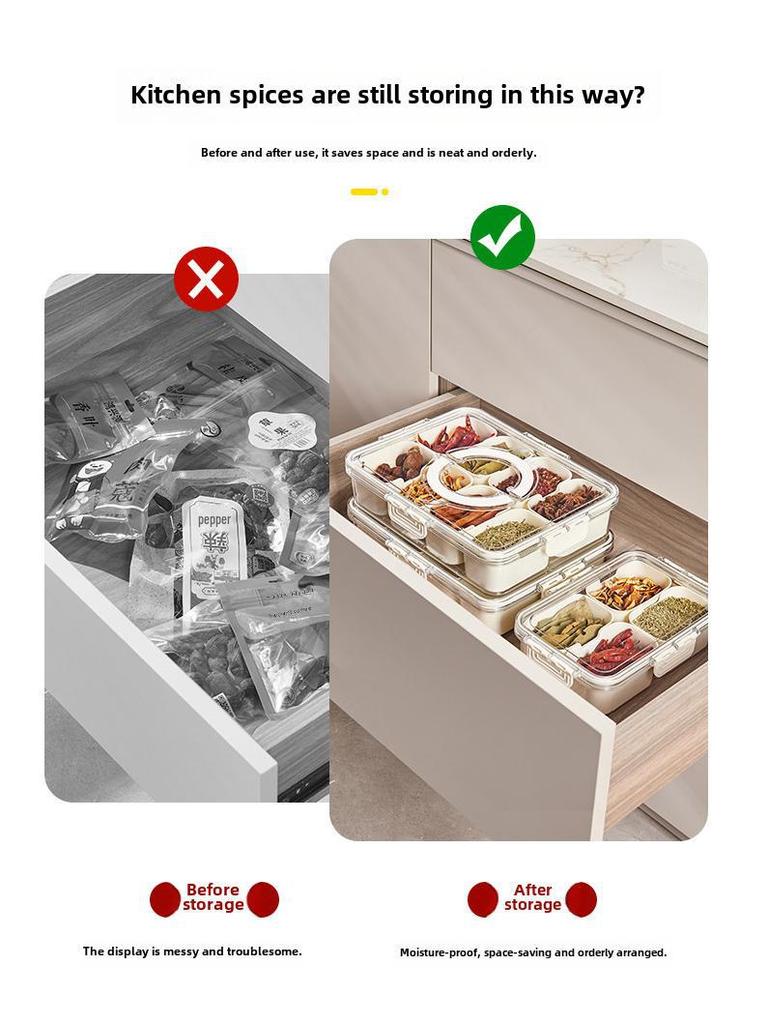 Moisture-Proof Seasoning and Ingredient Storage Box with Compartments