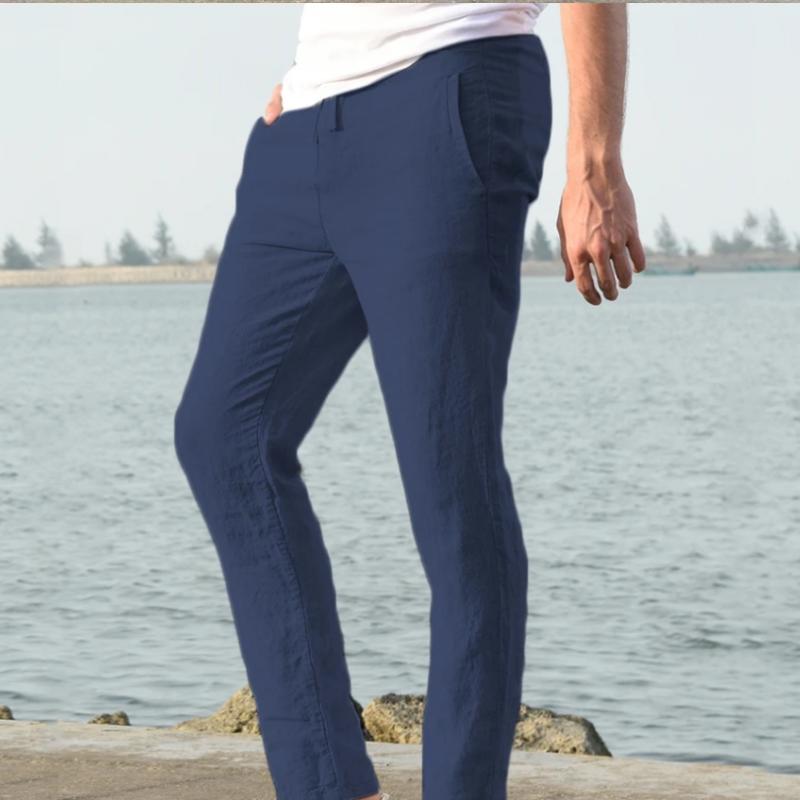 Мужские длинные брюки из хлопка и льна, летние однотонные дышащие льняные брюки, мужские повседневные брюки с эластичной резинкой на талии, брюки в стиле Харадзюку