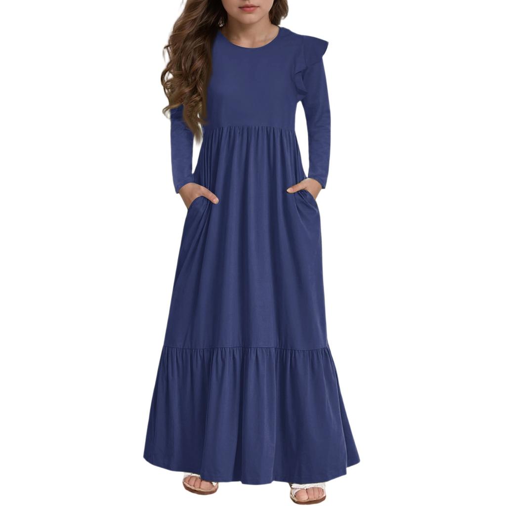 Girls' Tiered Ruffle Dress - Long Sleeve Printed Maxi With Pockets