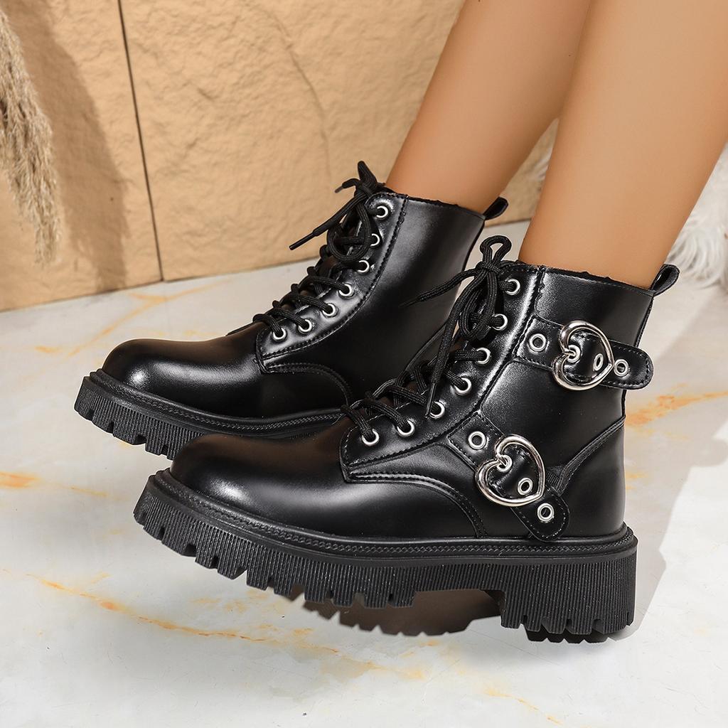 Новые ботинки на осень-зиму 2026 года, с круглым носком, на толстом каблуке, в британском стиле, стильные, с металлической пряжкой, на шнуровке, для женщин