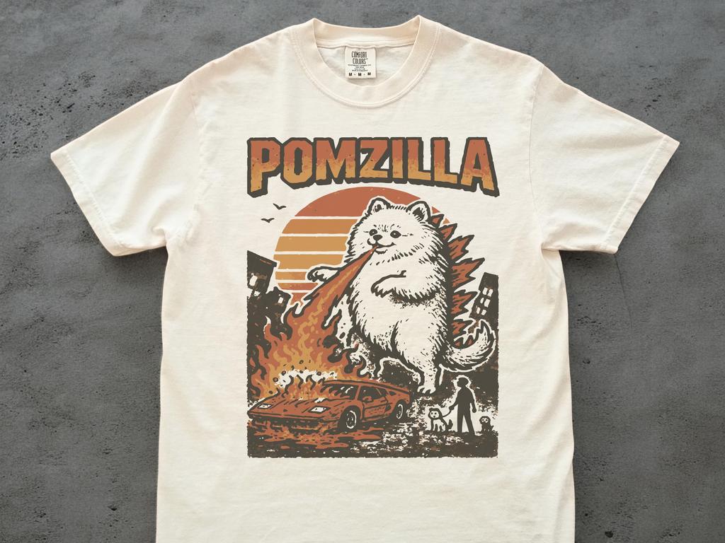 Funny Pomeranian Godzilla Shirt – Vintage Comic Monster Pom Tee, Weird Fire-Breathing Dog T-Shirt for Pom Mom, Dad or Dog Lovers