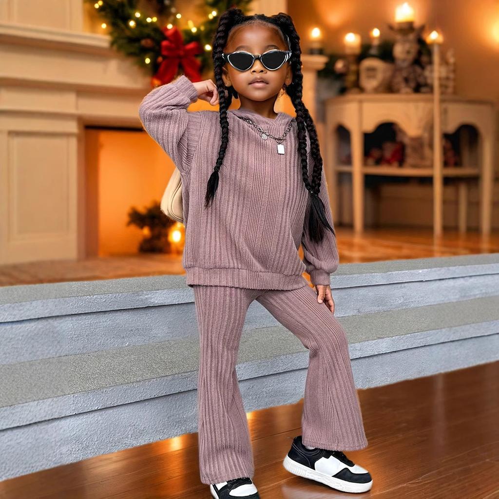 Теплый и удобный эластичный костюм-двойка с капюшоном и расклешенными брюками для девочек, детский повседневный костюм