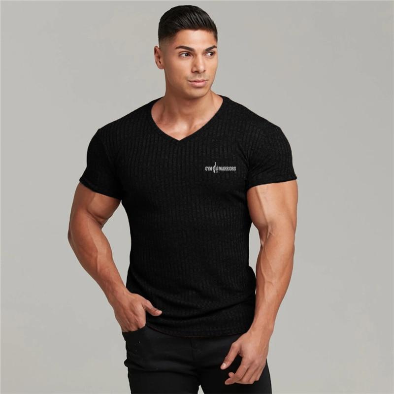Do The Work Summer V Neck Men Knitted Gym Sports Slim Fit Male Fitness Bodybuilding Printed Workout Short Sleeve T-shirt