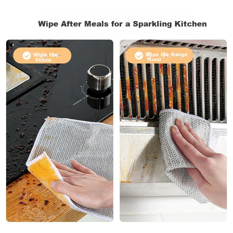 LYNN Double-Sided Dish Cloth with Silver Steel Wool Scrubber 20x20cm 5-Pack Bamboo Fiber Absorbent Cleaning Sponge