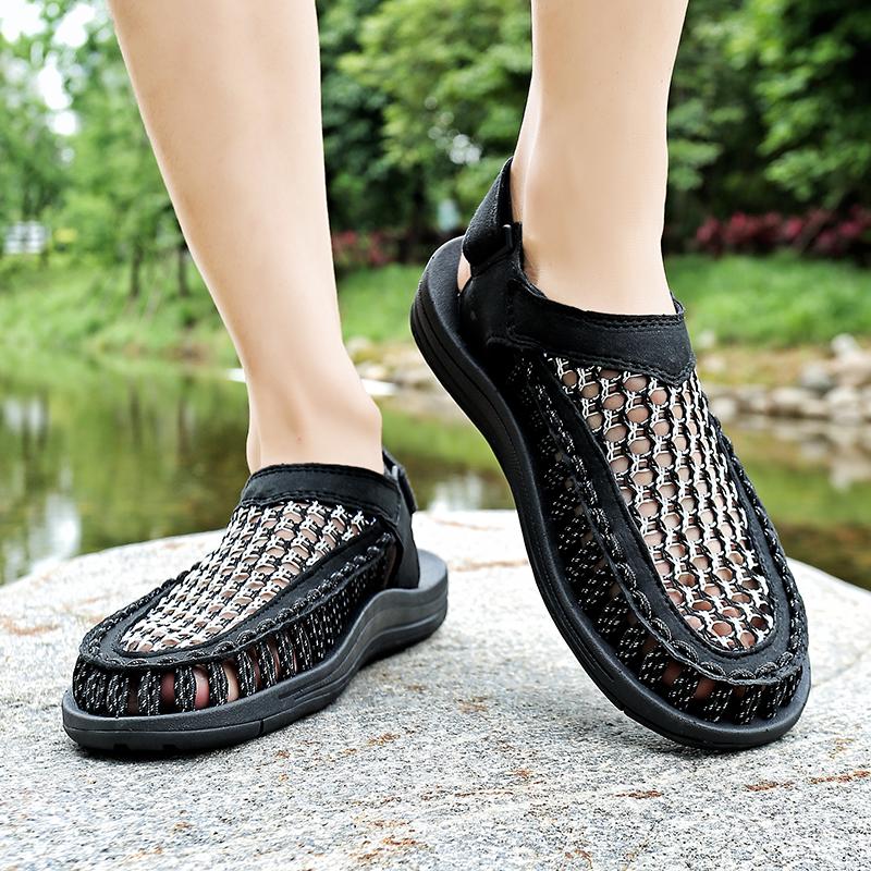 Мужские походные сандалии ручной работы, летние черные римские сандалии, широкие пляжные туфли для воды, большие размеры