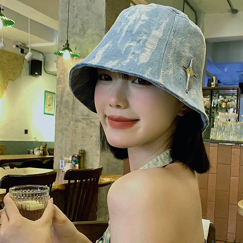 New washed old denim bucket hat female versatile Internet celebrities show washbasin hat big head circumference bucket