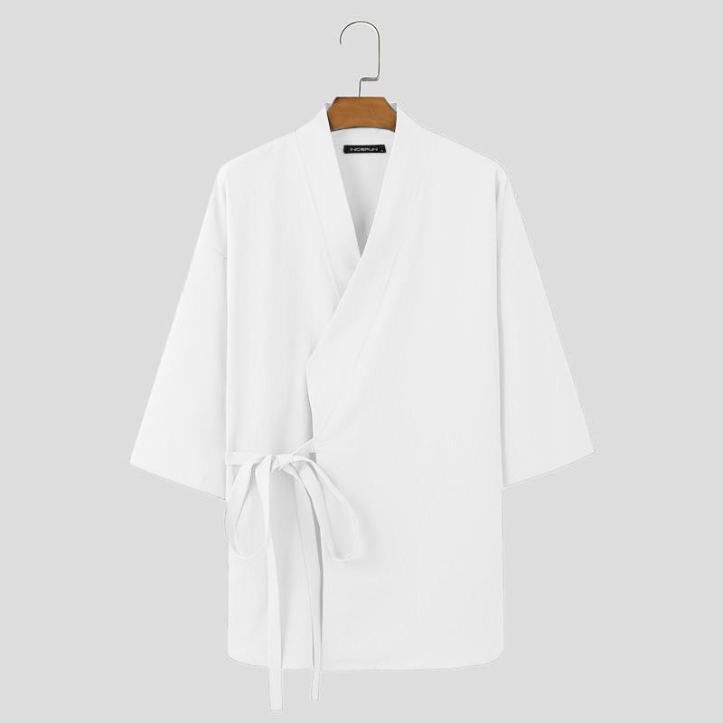 INCERUN Мужские топы с рукавами 3/4, свободные повседневные рубашки-кимоно со шнуровкой спереди