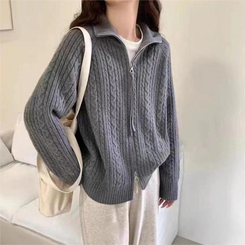 Women's Autumn and Winter Double Zip Solid Colour Twist Knit Cardigan Sweater