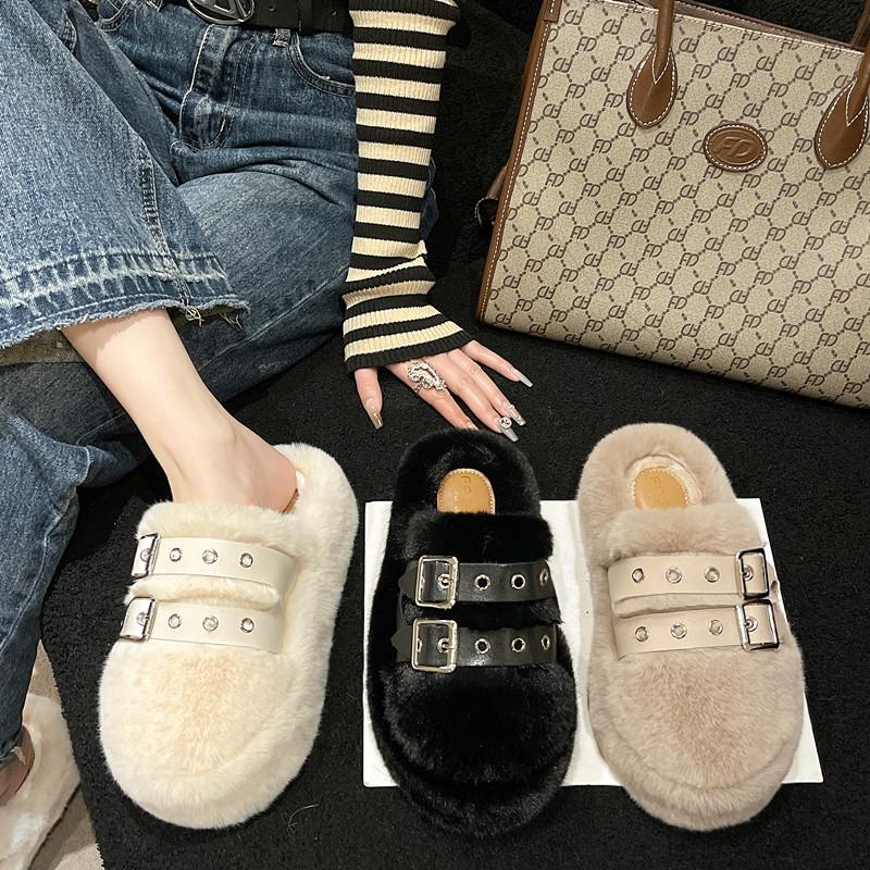Fashion Women Fashion Warm Fluffy Slippers Cozy Faux Fur Cross Indoor Floor Slides Women New Metal Buckle Design Flat Soft Warm Slippers