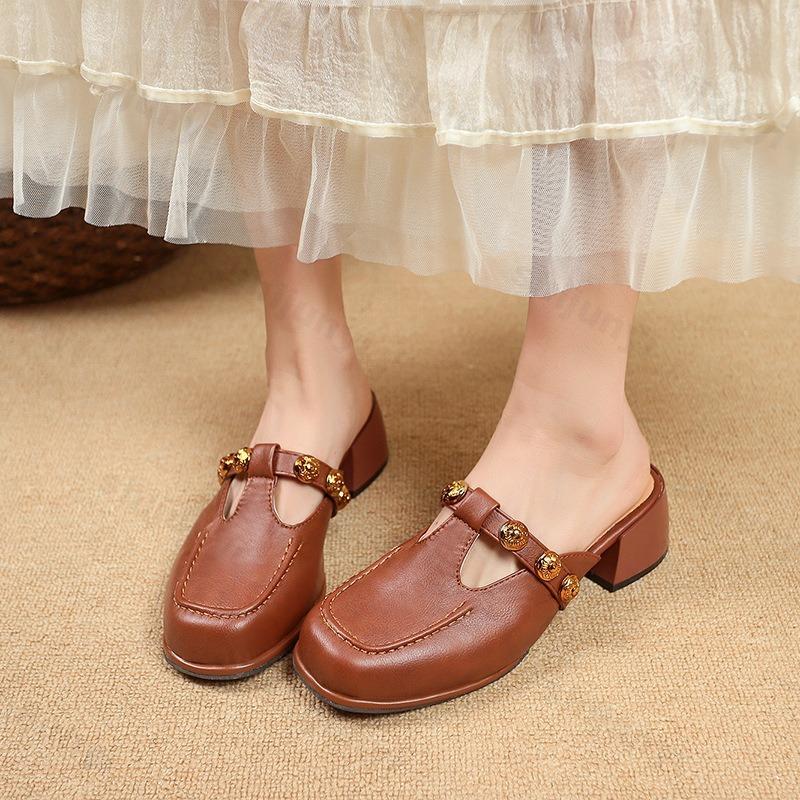 Модные ретро полушлепанцы с вырезами женские лето 2025 французский стиль модные удобные туфли Мэри Джейн одинарные уличные туфли-лодочки с квадратным носком
