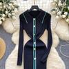 Autumn Winter Women Knitted Dresses 2024 Vintage Patchwork Striped Long Sleeve Bodycon Sexy Chic Long Dress