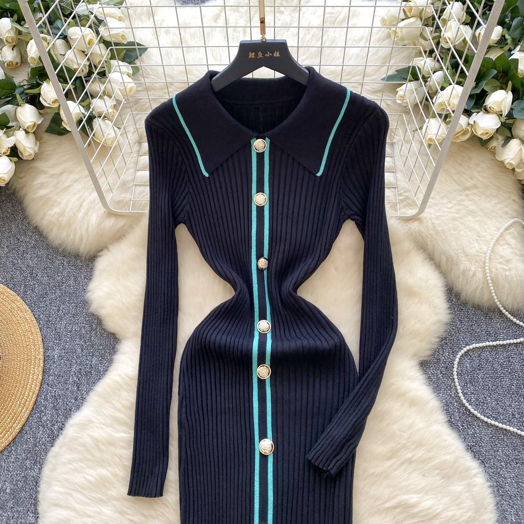 Autumn Winter Women Knitted Dresses 2024 Vintage Patchwork Striped Long Sleeve Bodycon Sexy Chic Long Dress