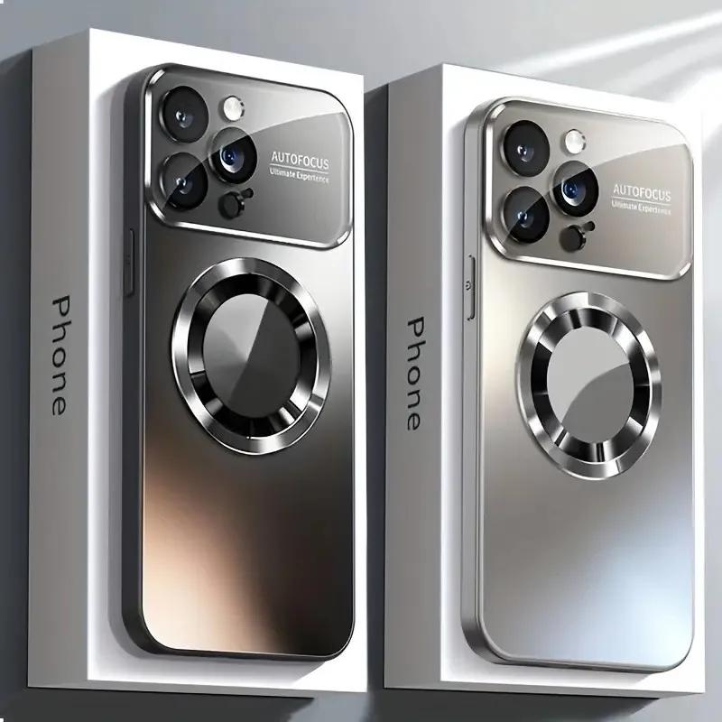 Роскошный Чехол с Большим Окном и Логотипом Magsafe, Магнитный, Для iPhone 17 16 15 14 13 12 11 Pro Max, Стеклянная Защитная Крышка для Объектива Камеры