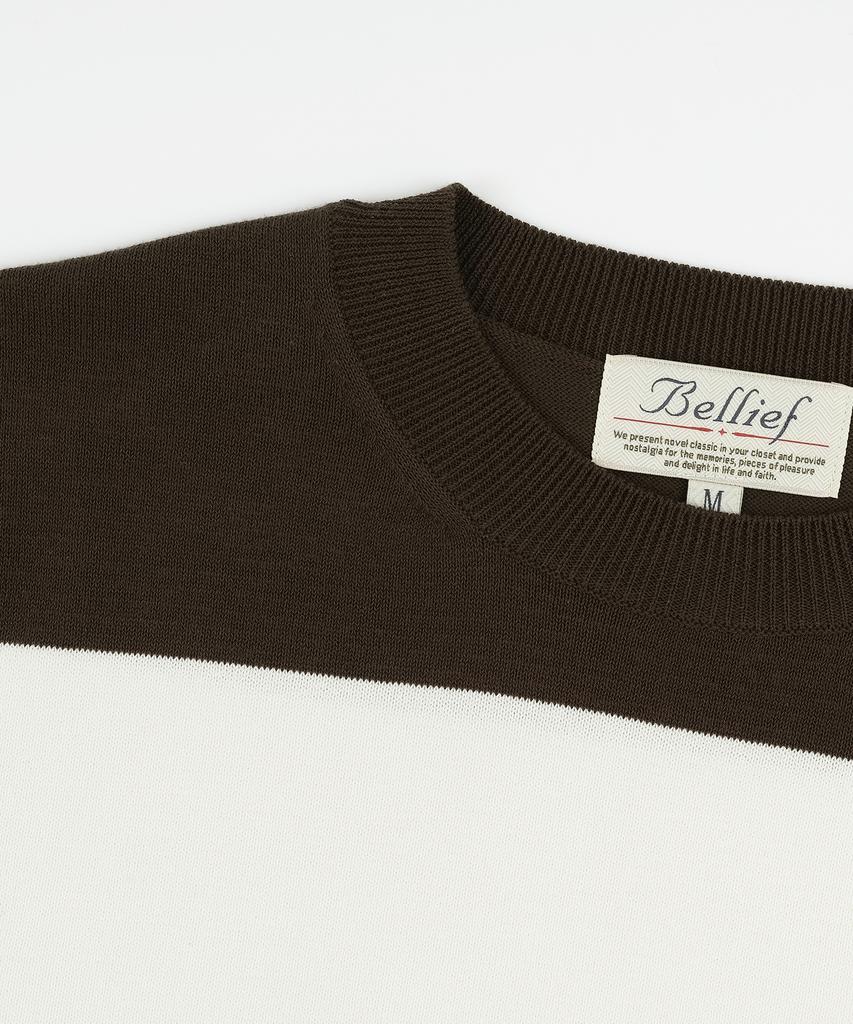 BELLIEF Essential Hard Twist Cotton Short Sleeve Striped Knit (Ivory/Brown)