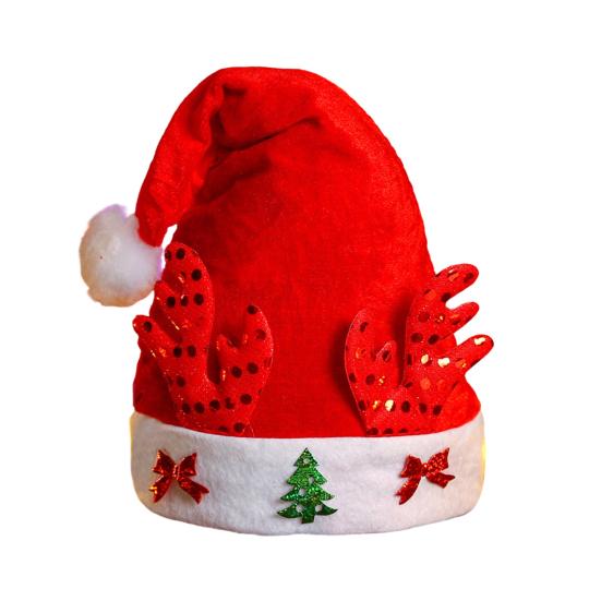 Christmas Hat Children Red Velvet Santa Hat with Cartoon Antler Pattern Decoration Festive Holiday Party Supplies
