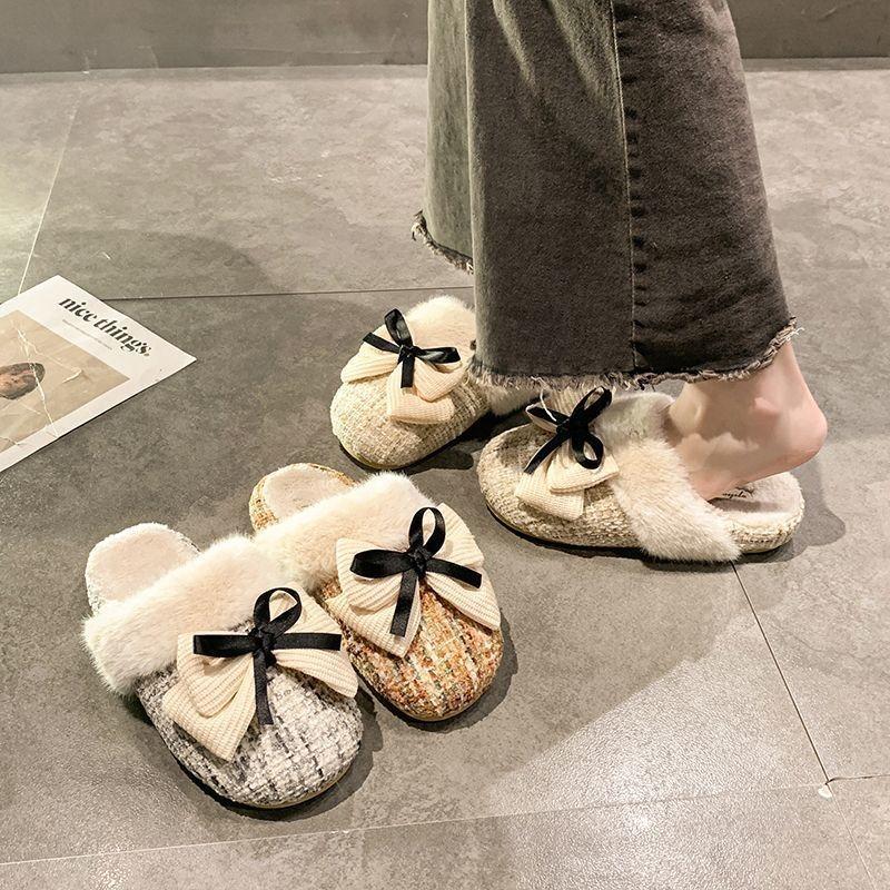 Удобные домашние хлопковые тапочки женские с бантом пушистые тапочки носить осенью и зимой новые толстая подошва универсальные