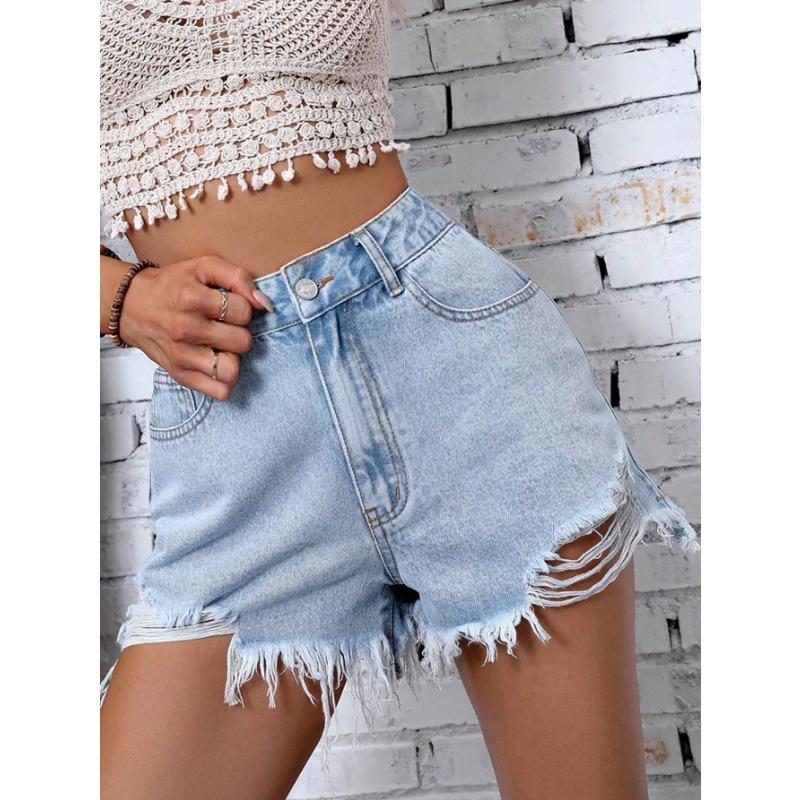 Женские повседневные джинсовые шорты с высокой талией, потертыми краями и дырками