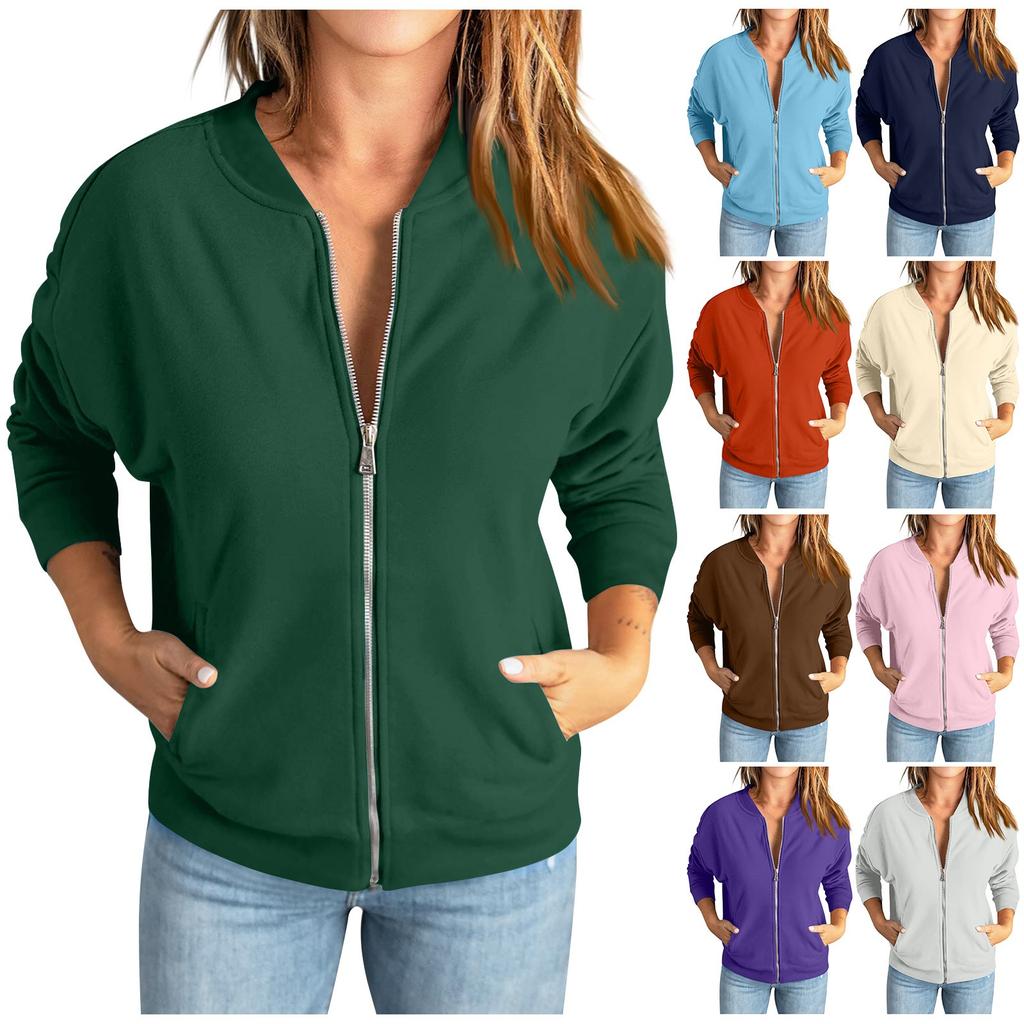 Women's Casual Sweatshirt Solid Color Zipper Jacket Long Sleeve Loose Coat With Pocket