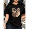 Женская футболка с принтом леопарда и дизайном в виде сердца, аппликация, графика, круглый вырез, короткий рукав, дышащая, средняя эластичность, подходит для любого сезона