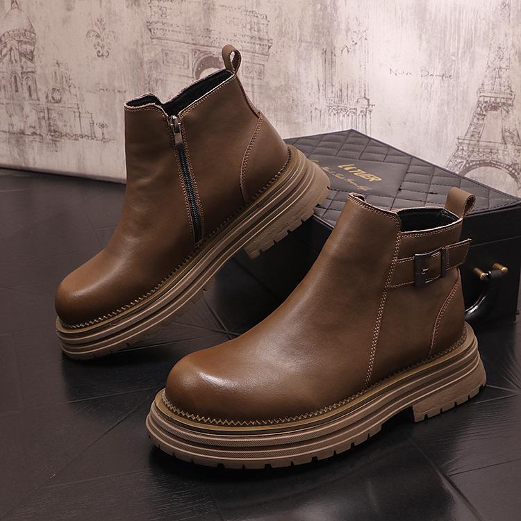 Men's Chelsea Leather Slip-On Boots - High-Top, British Style, with Inner Height Increase and Martin Boot Warmth.