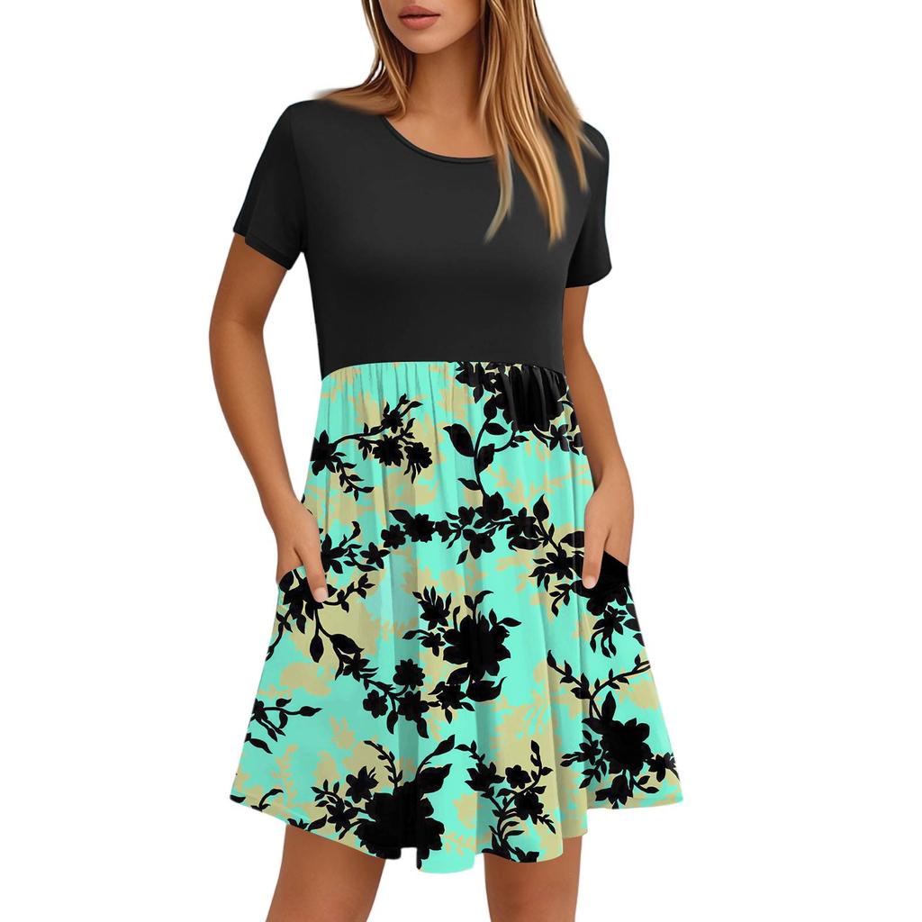 Женские модные повседневные свободные платья с круглым вырезом и коротким рукавом с принтом и карманами