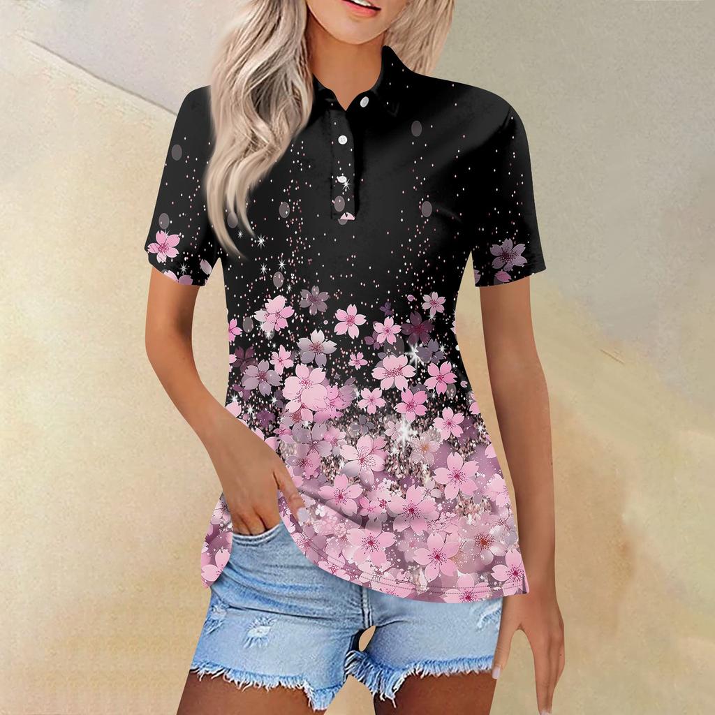 Women's Fashion Casual Lapel Short Sleeve Printed Shirt Women's Button Up Tops