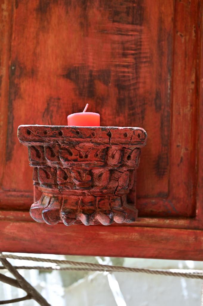 Vintage Red Wooden Wall Sconce: Rustic Farmhouse Candle Holder