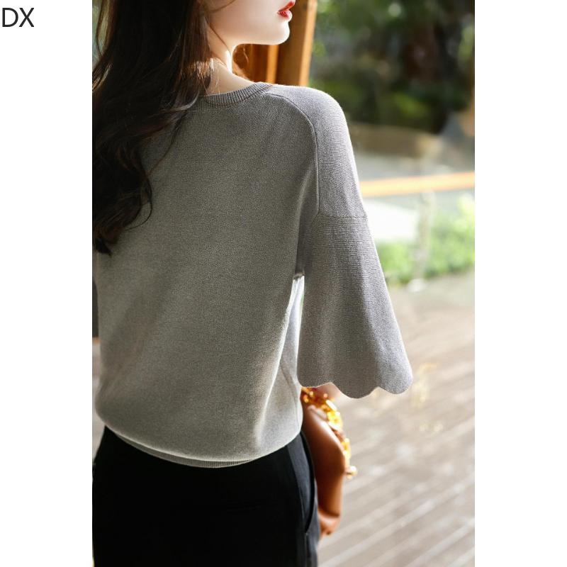 DX-Micro расклешенный топ с лепестковыми рукавами и v-образным вырезом, женская летняя вязаная футболка, свободный свитер из ледяного шелка с короткими рукавами, тонкая женская рубашка в иностранном стиле