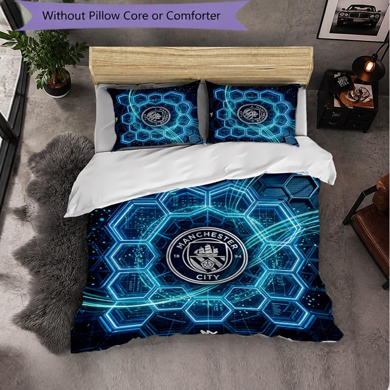 Manchester City Pattern 3 Pieces Bedding Set Soft Microfiber Duvet Cover with Pillow Cases for Bedroom