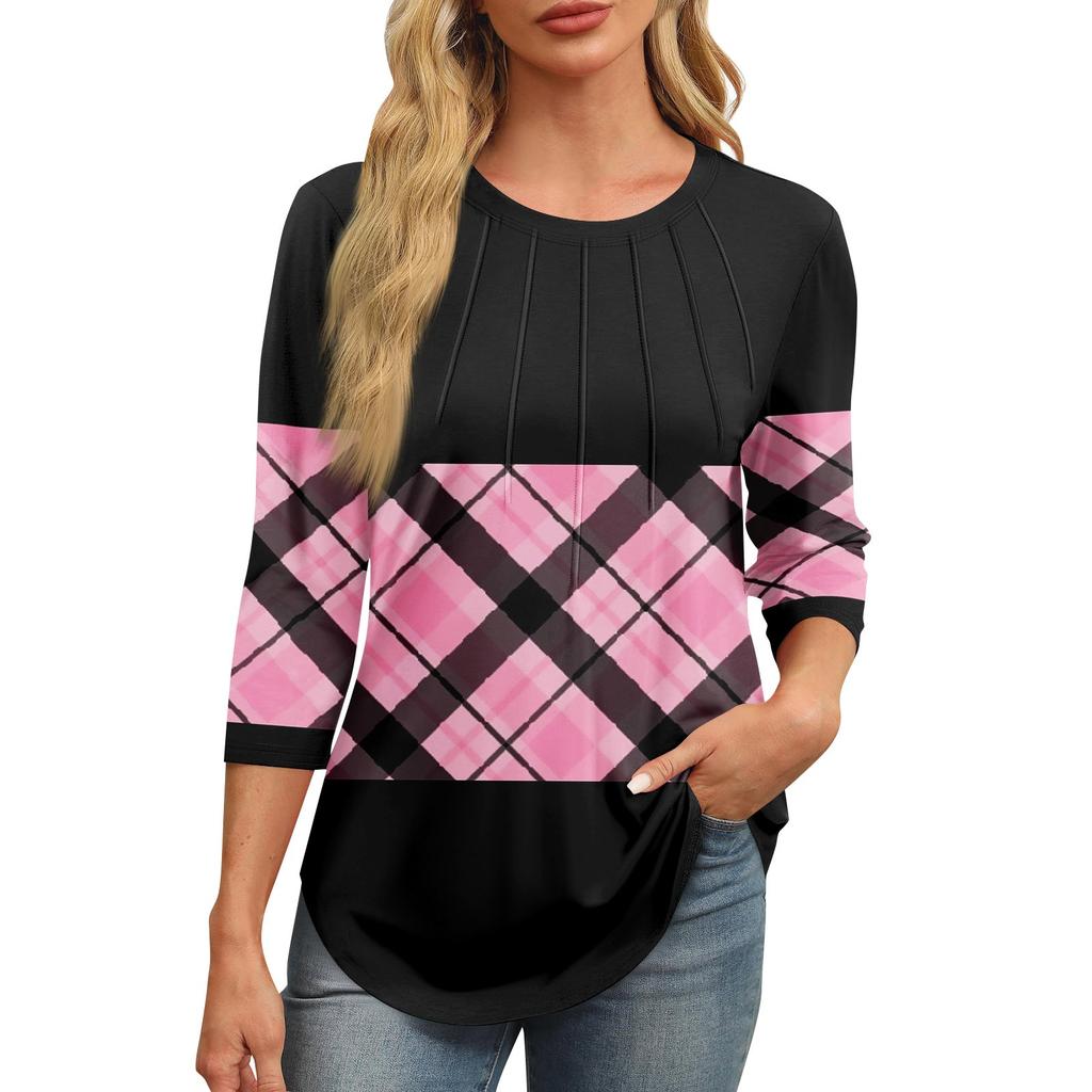 Женская модная футболка с круглым вырезом и рукавом 3/4 с принтом, повседневная, базовая, плиссированная, пуловер