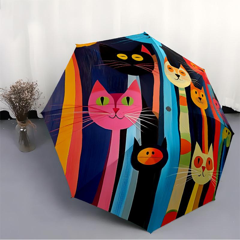 1pc Cat Family Automatic Open/close Folding Compact Umbrella, 8-Rib Sturdy Canopy, Lightweight Portable, Commuting Use, Gift,103