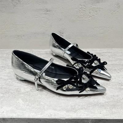 Модные туфли Мэри Джейн Женские с мелким вырезом 2025 Новая летняя мода Стразы Бант Остроносые На плоской подошве Zapatos De Mujer