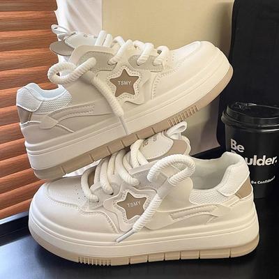 Женские кроссовки на платформе, дизайн со звездами, на шнуровке, обувь для скейтборда, кроссовки на плоской толстой подошве, женская удобная кожаная спортивная обувь