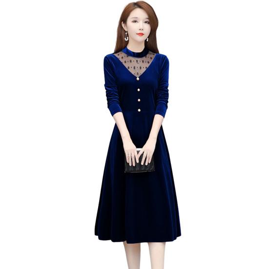 Офисное женское элегантное бархатное платье с круглым вырезом, ажурное сетчатое платье трапециевидной формы с длинными рукавами, декором на пуговицах, свободное платье миди с подолом