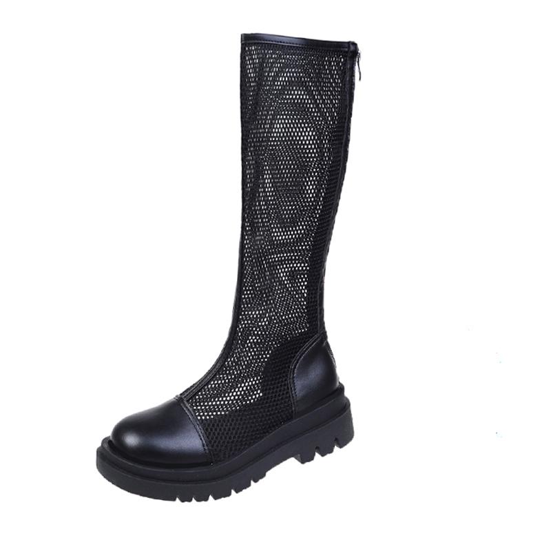 Дышащая вязаная линия Женские сетчатые ботинки Средний каблук Круглый носок Летние ботфорты Сандалии Мода Сандалии Женские