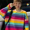 Новая осенняя тонкая женская футболка с длинными рукавами в радужную полоску для женщин, свободный топ в стиле Харадзюку